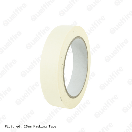 Cream 25mm masking tape pictured on a white background, with 'Quelfire' watermarked. 