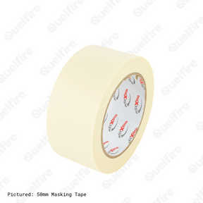 Cream 50mm masking tape pictured on a white background, with 'Quelfire' watermarked. 