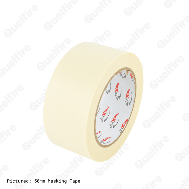Cream 50mm masking tape pictured on a white background, with 'Quelfire' watermarked. 