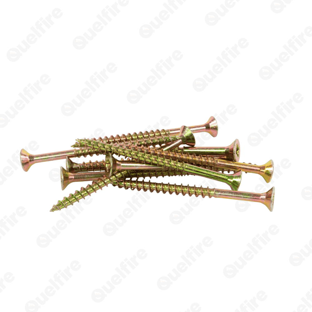 Several bronze multi-purpose screws on a white background. The Quelfire logo is watermarked. 