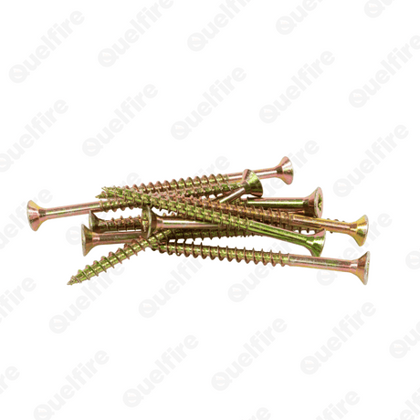 Several bronze multi-purpose screws on a white background. The Quelfire logo is watermarked. 