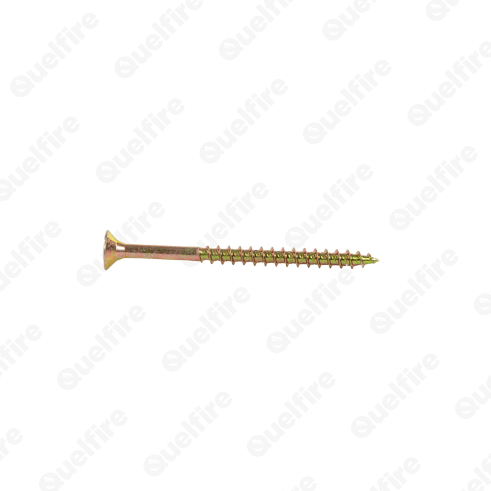 A bronze multi-purpose screw on a white background. The Quelfire logo is watermarked. 