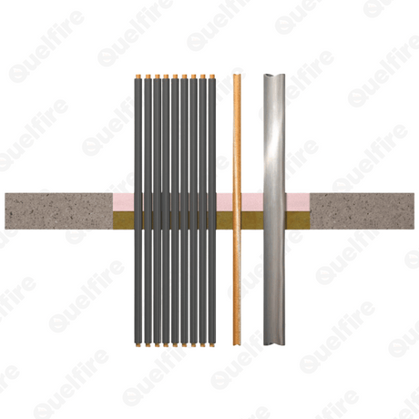 A cross section of Quelfire compound mineral wool shuttering slab around pipes and cables (some insulated) penetrating a fire compartment floor. 