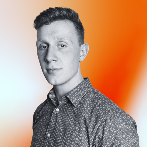 Miller Harvey, Technical, with a black-and-white filter. The background is an orange gradient. 