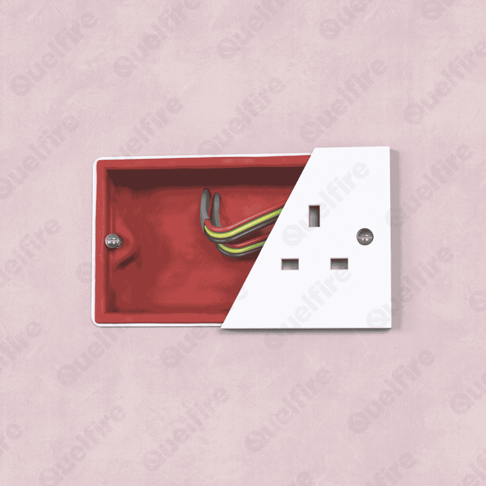 CGI image of the Quelfire Putty Pad installed into an electrical socket box with wires. The Quelfire logo is watermarked. 