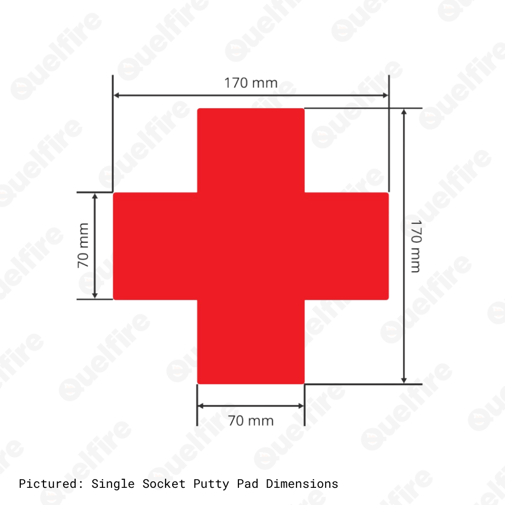 Single-socket putty pad dimensions pictured on a white background. The Quelfire logo is watermarked. 