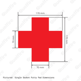 Single-socket putty pad dimensions pictured on a white background. The Quelfire logo is watermarked. 