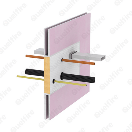 Quelfire fire sleeve around a plastic vent duct, HPE sealant around a gas pipe, CPVC fire sprinkler pipe and cable bunch, installed in double fire batt in a fire compartment wall.