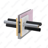A cross section of Quelfire quelcoil installed around plastic and insulated non-combustible pipes in pattress fitted fire batt in a fire compartment wall.