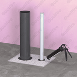 Quelfire HPE Sealant around plastic pipes in Fire Batt in a fire compartment floor. There's a black sealant gun applying sealant around the pipe.