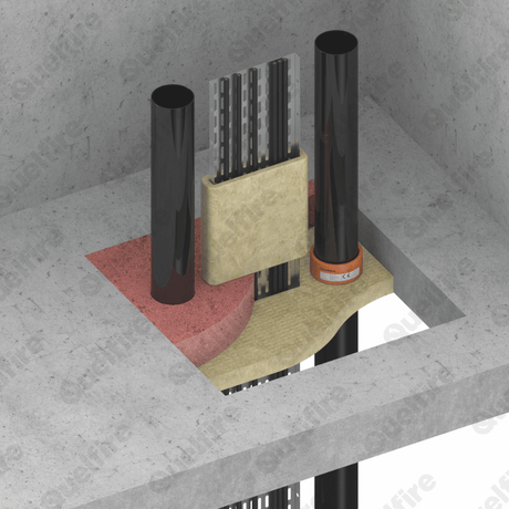 Cable tray and plastic pipes penetrating a floor, firestopped by mineral wool shuttering slab and QF2 compound.
