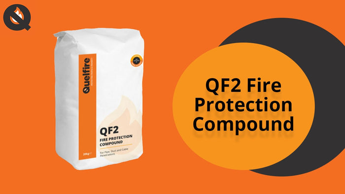 The QF2 Fire Protection Compound on an orange background, along with the text 'QF2 Fire Protection Compound'.