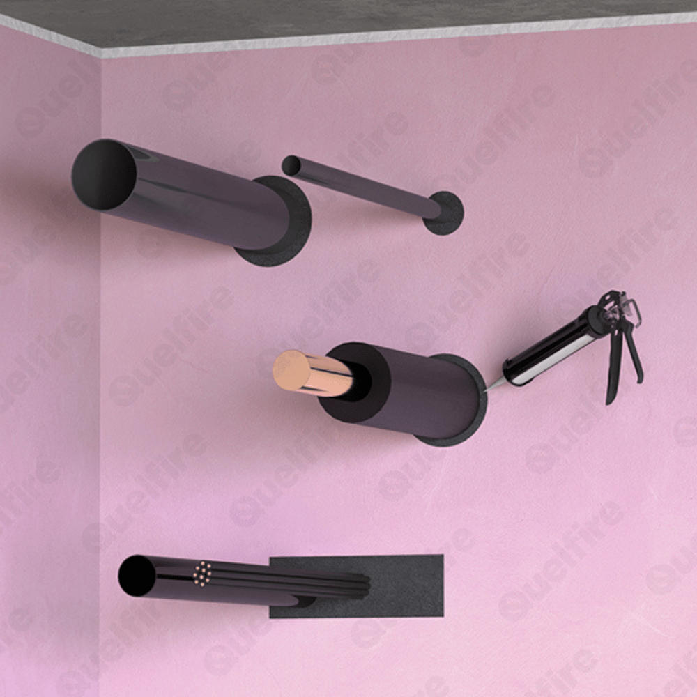 Quelfire HPE sealant around cable bunch, insulated non-combustible and plastic pipes penetrating a fire compartment wall. There is a sealant gun applying sealant around the insulated pipe.