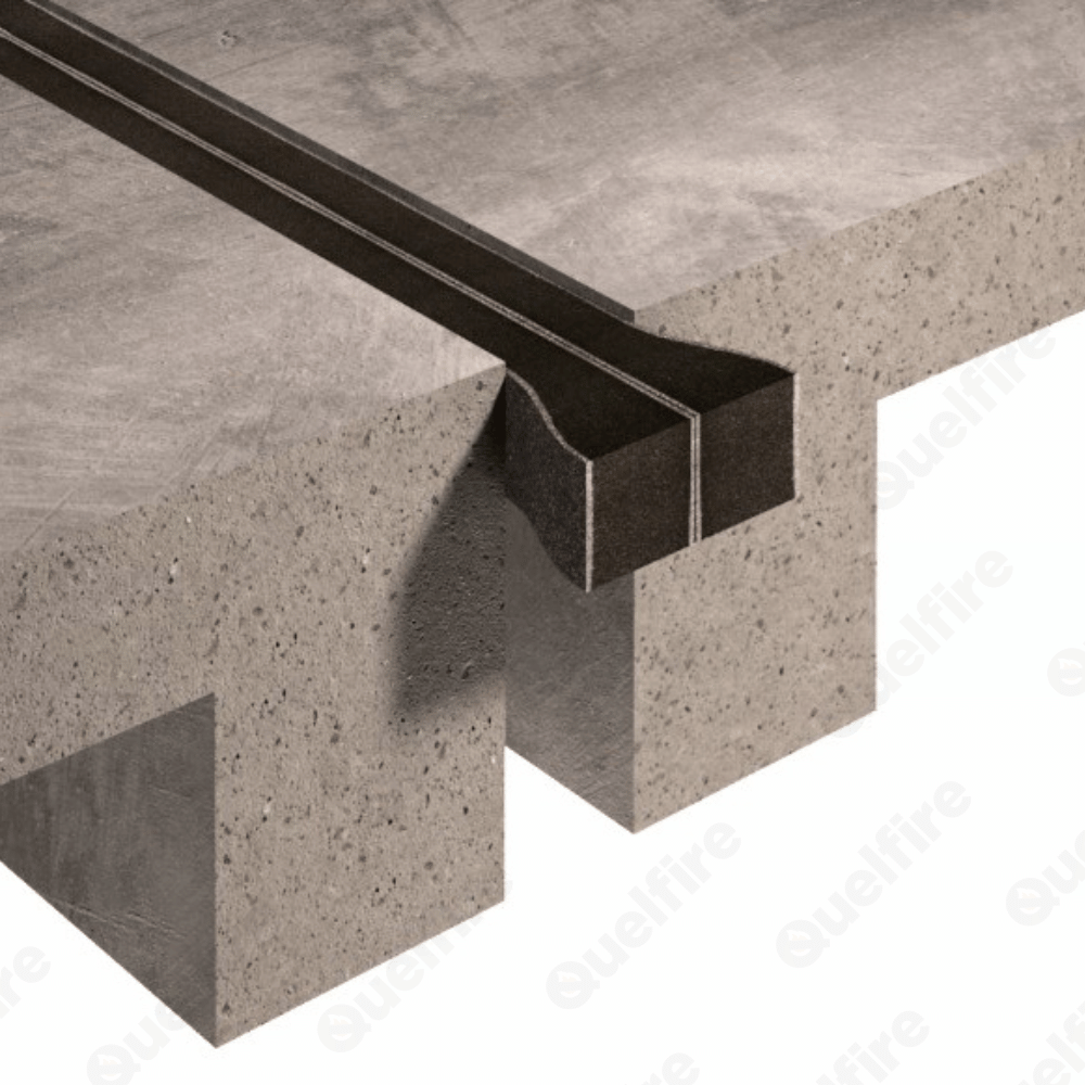 Cross-section of a concrete slab featuring a black intumescent fire barrier strip (intufoam) embedded. 