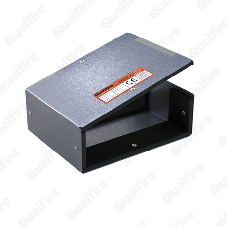 Quelfire QRS fire sleeve with raised lid on a watermarked background with Quelfire.