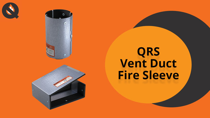 An orange screen displaying QRS Fire Sleeves, along with the text 'QRS Vent Duct Fire Sleeve'. 