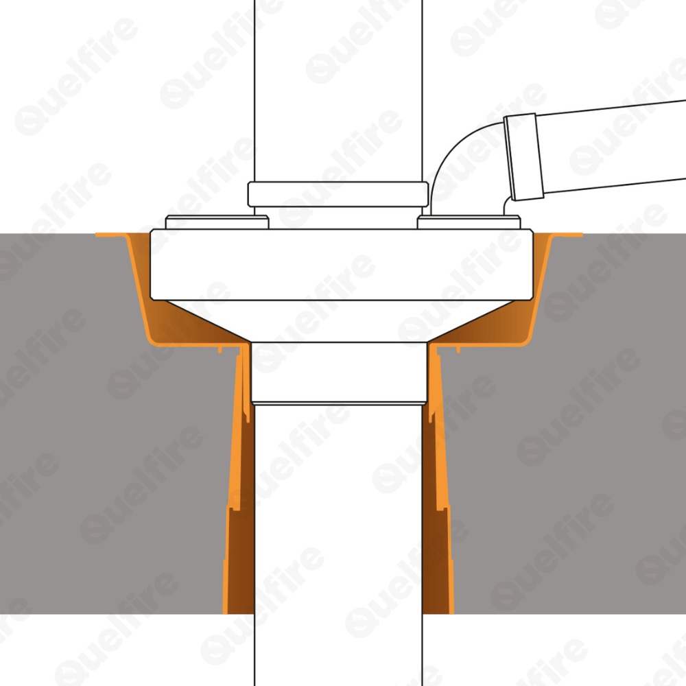 Cross section of a QuelCast collar being installed with a manifold on top, through a floor.
