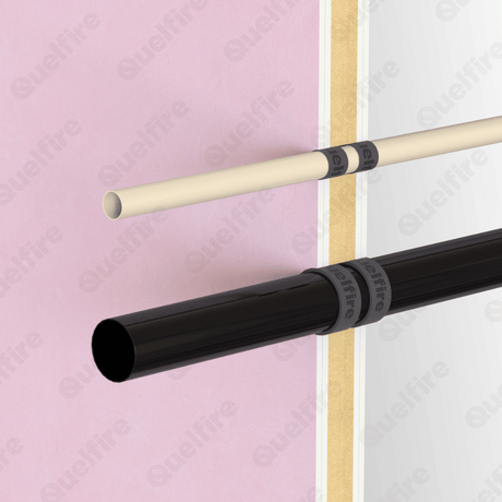 Quelfire Quelcoil wrap installed around plastic pipes penetrating a plasterboard fire compartment wall.