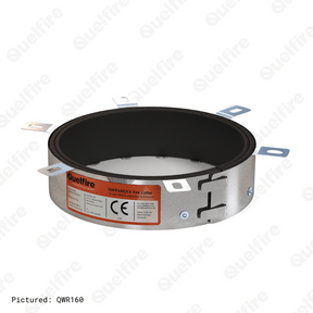 The QWR160 on a white background. The image depicts a circular steel shell with six mounting lugs and an orange and white Quelfire label. Inside the circular opening is a black intumescent material.