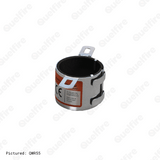 The QWR55 on a white background. The image depicts a circular steel shell with two mounting lugs and an orange and white Quelfire label. Inside the circular opening is a black intumescent material.