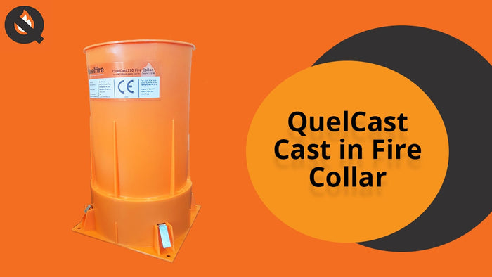 Orange video thumbnail with the Quelfire logo, and a QuelCast110 Fire Collar. Text inside an orange circle, reads QuelCast Cast in Fire Collar.