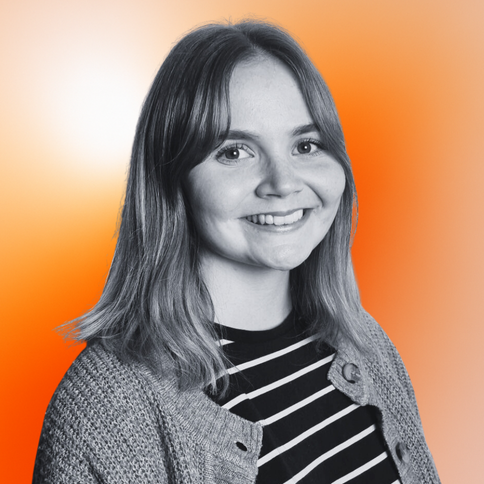 Rebecca Croton, Marketing, with a black-and-white filter. The background is an orange gradient. 