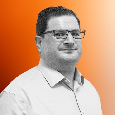 Rick Hobbs, Customer Service, with a black-and-white filter. The background is an orange gradient. 