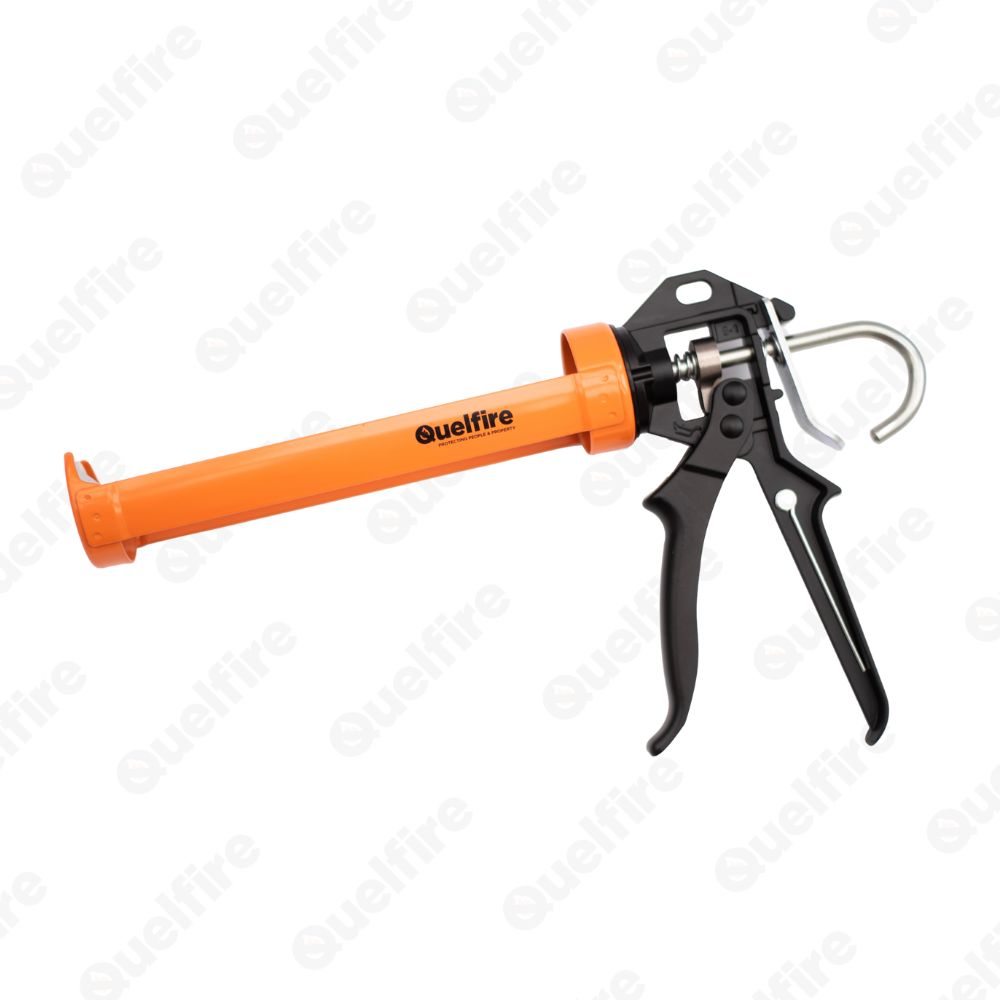 Orange sealant gun with Quelfire's logo. 