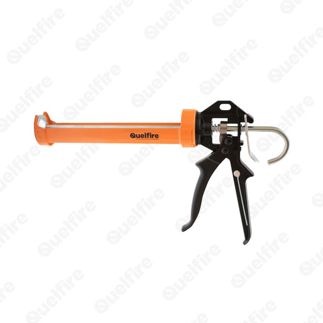 Orange sealant gun with Quelfire's logo. 