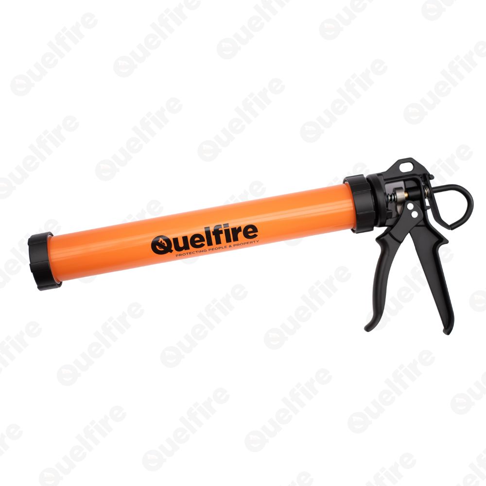 Orange sealant gun with Quelfire's logo. 