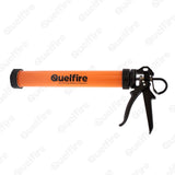 Orange sealant gun with Quelfire's logo. 