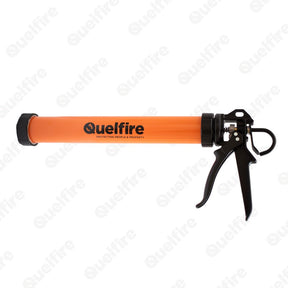 Orange sealant gun with Quelfire's logo. 