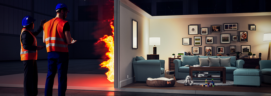 Quelfire's campaign image. This is of a living room on one side and a fire on the other - demonstrating effective compartmentation. Two people can be seen in high-vis, orange vests. 