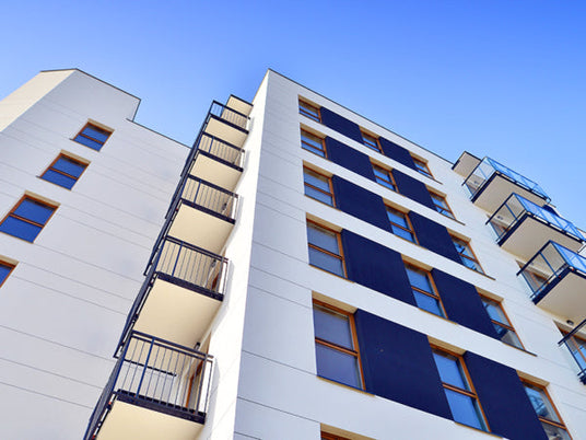 AI image of a high-rise building, from the ground's point of view. 