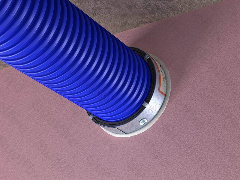 The QRS Circular Slim Sleeve installed around a semi-rigid plastic vent duct. The Quelfire logo is watermarked. 