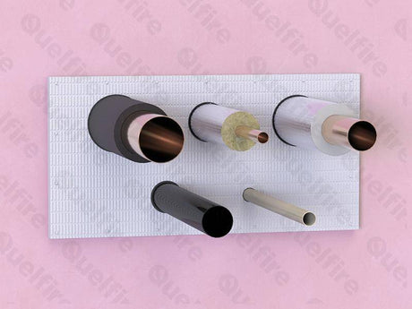 Image of the QuelStop Fire Batt, pattress-fitted, and QuelCoil installed around insulated pipes. The Quelfire logo is watermarked. 