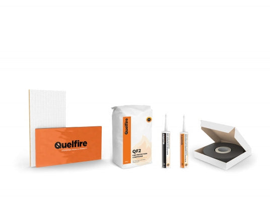 QuelStop firestopping system. Fire batt, QF2 compound, sealant and Quelcoil lined up.