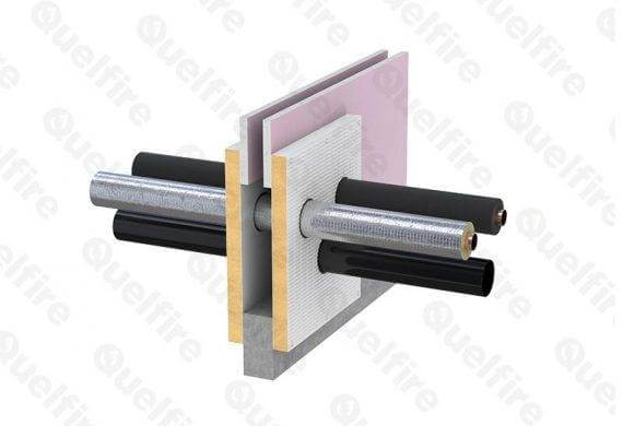 QuelCoil Continuous Fire Wrap installed around plastic and insulated non-combustible pipes in pattress fitted QuelStop Fire Batt in fire compartment wall (cross section)
